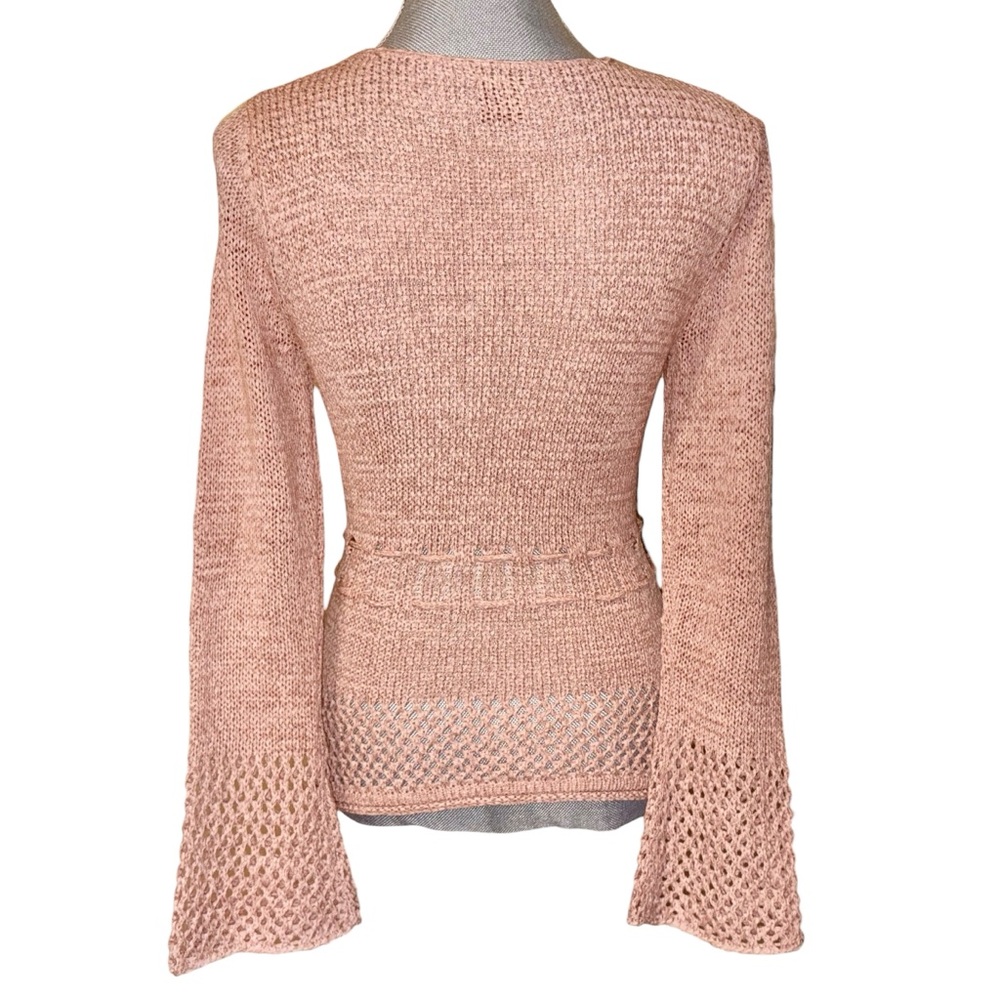 Ashaqi Blush Pink Knit Tie-Waist Bell-Sleeve Sweater - Picture 5 of 8